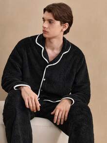 Old Money 男士舒适撞色滚边毛绒前开襟长袖上衣和裤子睡衣套装，黑色，毛绒保暖，秋冬服装