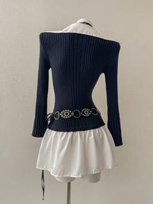 SHEIN Unity 女士休闲舒适宽松针织长袖二合一连衣裙 - 藏蓝色 - 查看 2