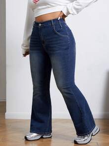 SHEIN ICON Quần Jeans Ống Loe Co Giãn Ôm Sát Cỡ Lớn - Rửa tối - Xem 6