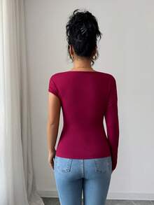 SHEIN Elenzya Women's Solid Color Metal Decor Asymmetric Collar Fitted Fashionable Blouse - Red Violet - View 2