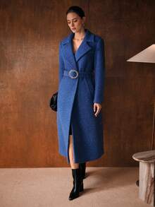 MOTF PREMIUM 羊毛翻领系腰带大衣，秋冬 - 寶藍色 - 查看 6