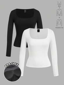 Tseoso 2 件黑色休闲长袖方领修身加厚长款 T 恤套装，不含胸罩，适合秋冬季，温暖、休闲、舒适别致、修身百搭，日常穿着，室内外均可穿着，复古，