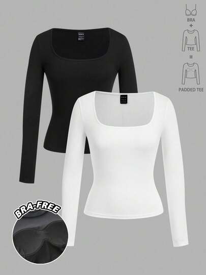 Tseoso 2 件黑色休闲长袖方领修身加厚长款 T 恤套装，不含胸罩，适合秋冬季，温暖、休闲、舒适别致、修身百搭，日常穿着，室内外均可穿着，复古，