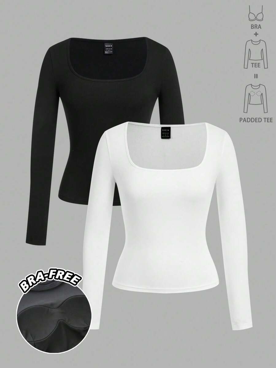 Tseoso 2 件黑色休闲长袖方领修身加厚长款 T 恤套装，不含胸罩，适合秋冬季，温暖、休闲、舒适别致、修身百搭，日常穿着，室内外均可穿着，复古，