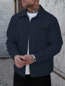 Manfinity Homme 男士海軍藍燈芯絨法蘭絨襯衫外套，長袖鈕扣式秋季休閒登山工作外套，附口袋，保暖冬季送禮首選 - 藏蓝色 - 查看 3