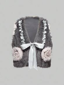 ROMWE J-Fashion جاكيت صدرية مع ربطة عنق فرو وفيونكة على شكل V للأسلوب الياباني مورياكي الجميل - رمادي - مشاهدة 1