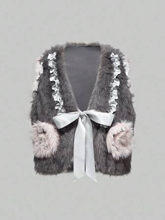 J-Fashion Chaleco con cuello en V, lazo y tirantes de estilo Mori Kei con textura suave y esponjosa
