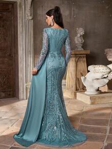 Váy dạ hội đuôi cá bằng vải satin mỏng, cổ vuông, tay dài, đính ngọc trai và sequin sang trọng, thanh lịch, phù hợp cho mọi dịp trang trọng, váy dạ hội - Màu xanh bụi bặm - Xem 4