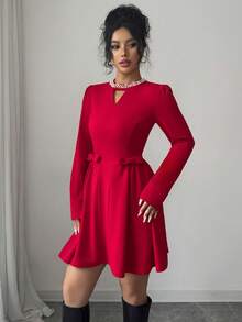 Elenzga 女士秋冬针织弹力修身圆领镂空铆钉珍珠肩长袖褶饰A字蝴蝶结派对时尚节日圣诞节优雅迷你连衣裙 - 紅色 - 查看 7