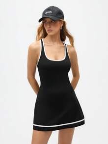 Eassivo Eassivo Women's Black Athletic Tennis Dress ,Sleeveless Fit And Flare Skater Dress With Contrast Trim, Adjustable Cross Back Straps, Casual Sports Activewear Outfit For Women, Black Tennis Dress, Sporty Dress, Activewear Dress, Athleisure Dress - Black - View 7