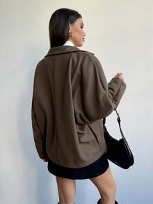 Aloruh 优雅别致露肩宽松高领双排扣羊毛外套，秋冬 - 棕色 - 查看 6