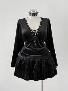 Sunspun Plus Size Dark Gothic Style Cross Strap Long Sleeve Top And Skirt 2 Pieces Set - Black - View 2