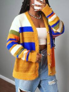 Slaydiva 2025 新款秋冬休闲街头宽松彩色仿貂长袖毛衣女开衫，适合度假、波西米亚风、外出、约会之夜女士、旅行机场、日常、约会、毕业季、返校、通勤、休闲、街头 -A - 彩色 - 查看 4