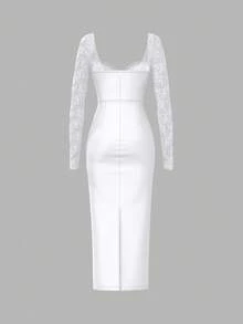 SHEIN PETITE Spring And Summer Vacation Date Travel Dress Valentine's Day Dress Small Floral Dress Picnic Dress Elegant Dress Autumn And Winter Elegant Style Lace Splicing Banquet Light Dress Corset Midi Dress Elegant White Dress White Lace Corset Dress White Midi Dress White Satin Dress