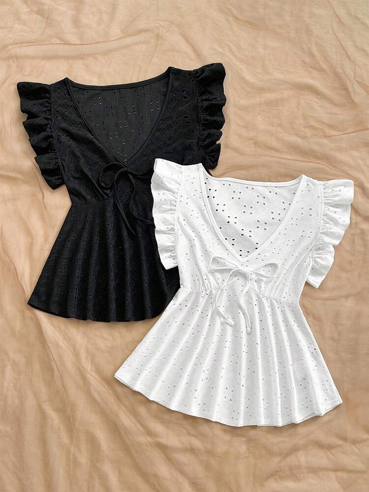 Soleia 2pcs Women's Vacation Casual Solid Color Hollow Out Flutter Sleeve T-Shirt Set - Multicolor - View 7