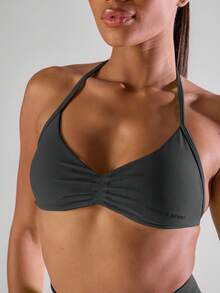 Musera Sport Solid Ruched Bust Open Back Halter Sports Bra , Active Comfy Workout Gym Running Run Club Gym Yoga Pilates Fitness Daily Casual - Dark Grey - View 6