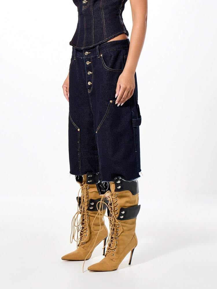 SUMWON WOMEN Raw Hem Wide Leg Denim Jorts With Buttons