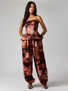 MISSGUIDED Strapless Peplum Corset Top And Wide Leg Balloon Pants Coord Set Fall Winter Abstract Print - Brown - View 1