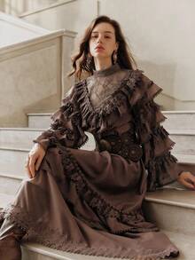 Anewsta Savoree 女士高级蕾丝层叠花卉饰边连衣裙，适合秋季、冬季、春季、新年、派对、婚礼、优雅、时尚、别致、感恩节、圣诞节等场合。 - 紫紅色 - 查看 7