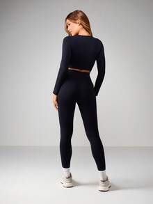 MISSGUIDED Conjunto deportivo de top corto de manga larga y leggings de cintura alta a juego para un estilo de vida activo - Azul Marino - Ver 1