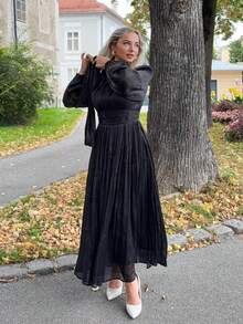 Jeta Ari Robe longue pour femmes avec plis à la taille, brillante et élégante, polyvalente pour le printemps et l'automne - Noir - Voir 5