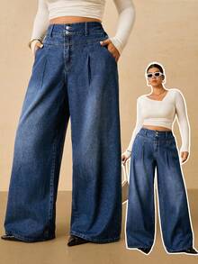 SHEIN Tall CURVE 大码休闲通勤冬季四季万圣节圣诞节新年感恩节水洗阔腿牛仔裤深蓝色牛仔裤高腰阔腿裤优雅女士服装舒适松紧腰女装艺术婚礼优雅商务休闲女装乡村复古朴素老钱商务休闲女装工作服女装大码舒适褶皱蓝色女式牛仔裤高腰宽松牛仔裤 - 藍色 - 查看 8