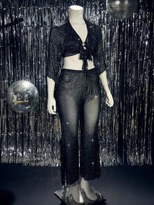 Bộ đồ lót gợi cảm trang trí hình tròn màu trơn cỡ lớn, 3 món - màu đen - Xem 9