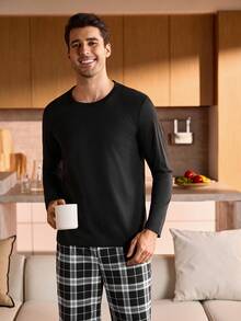 Provexi Provexi Plus Size Men's Black Round Neck Long Sleeve Top & Plaid Pants Loungewear Set, Christmas - Black - View 4