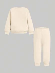 SHEIN 可爱圣诞驯鹿和心形印花女婴休闲宽松圆领柔软针织运动衫和运动裤套装，适合秋冬季、圣诞派对、街头风格、家居服 - 彩色 - 查看 3