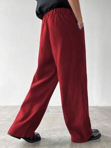 Claim Dot 男士休闲纯色斜口袋加厚阔腿裤，秋季 - 紅色 - 查看 2