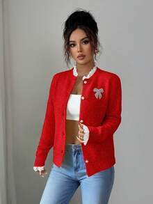 Elenzga Áo khoác cardigan nữ thanh lịch phối ren hoa, thích hợp mùa thu/đông, có khuy cài và nơ đính đá, áo len chui đầu sang trọng cho tiệc tùng và Giáng sinh/Năm mới, màu đỏ. - Đỏ - Xem 5