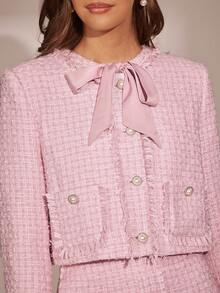 Enchnt 秋冬浪漫女士粉色花式纱线流苏粗花呢精致珍珠纽扣装饰蝴蝶结领长袖公主外套，别致优雅时尚，适合派对、约会、节日、毕业典礼、外出、万圣节、圣诞节、秋季、新年等场合。 - 粉色 - 查看 2