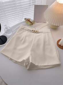 INAWLY Casual Elegant Chain Decor Solid Color Shorts - Apricot - View 3
