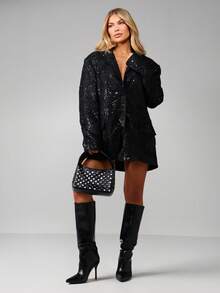 MISSGUIDED 亮片翻领西装外套，适合晚宴和节日派对，饰有闪亮细节 - 黑色 - 查看 4