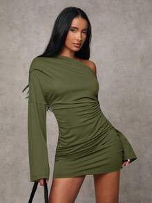 SHEIN BAE 女式纯色蝙蝠袖褶饰时尚迷你连衣裙 - 軍綠色 - 查看 5