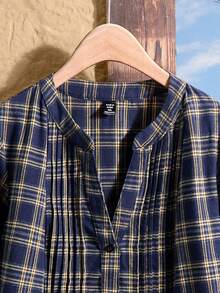 Rusticease 女式大码格子V领半开襟长袖休闲衬衫 - 藏蓝色 - 查看 3