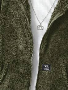 SHEIN 青少年男孩连帽休闲学院风柔软舒适简约百搭毛绒夹克，适合秋冬季，适合日常穿着、户外玩耍、学校、街头风格、派对和居家 - 軍綠色 - 查看 4