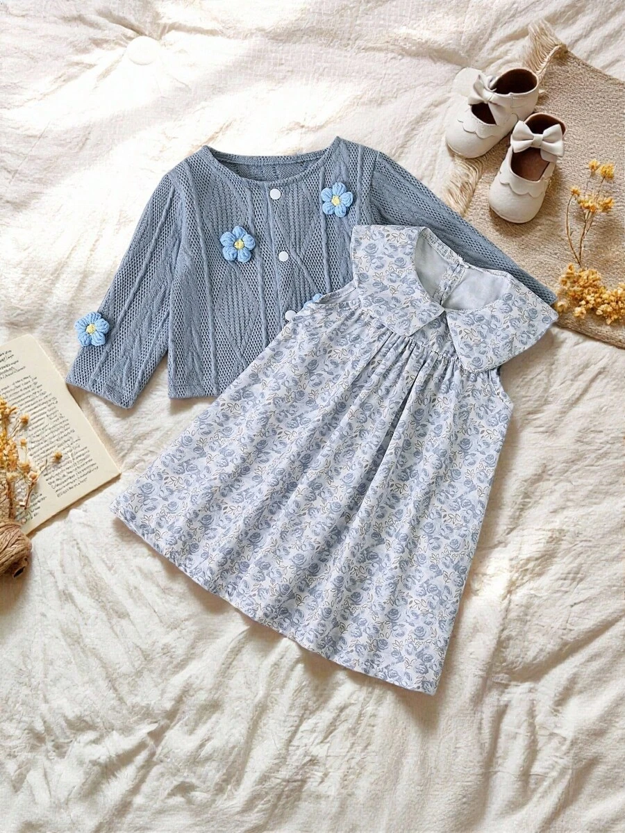 Vintaside Kids Baby Girls' Ditsy Floral Sleeveless Dress With Doll Collar And Matching Knit Cardigan Set, Soft Silhouette Showcases Feminine Charm. Suitable For Outings, Casual Wear, And Parties, Allowing The Child To Radiate Sweetness In Spring And Autumn. - Blue - View 1