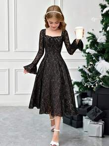 SHEIN Serisse Kids Váy ren đen dài tay cho bé gái tuổi teen, phù hợp cho những dịp trang trọng như dạ hội, tiệc tùng, ngày lễ và tiệc trà - màu đen - Xem 7