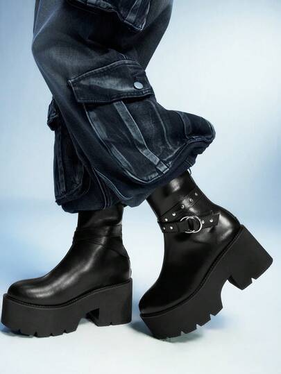 Sugerpunk Botas de tobillo con suela gruesa y estilo punk para mujer - Botas de motocicleta de verano gótico con remaches, doble correa cruzada, hebilla redonda y cremallera trasera, cómodas y fáciles de usar