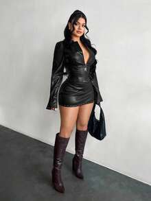 SHEIN SXY Y2K铆钉装饰低腰皮革迷你裙，女士俱乐部风格，黑色皮革材质。 - 黑色 - 查看 5