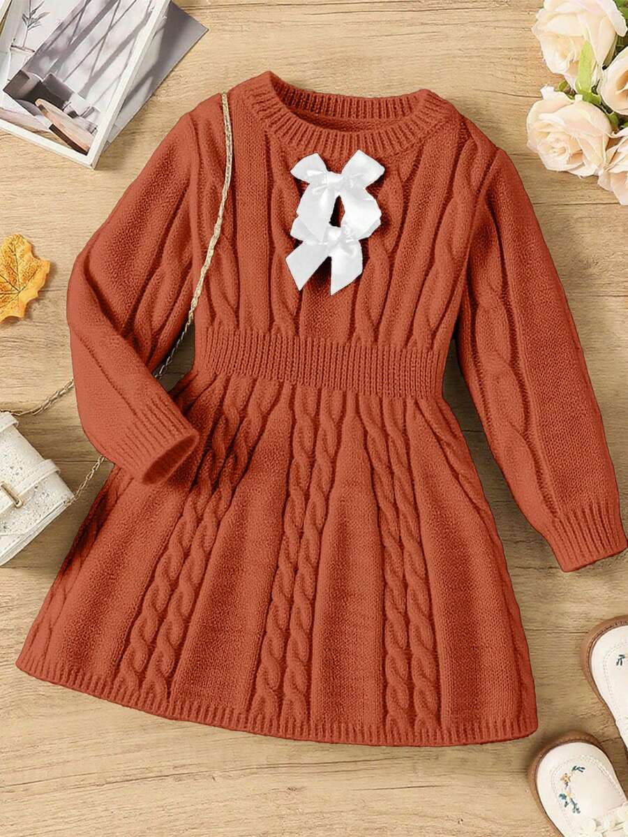 SHEIN Elladie kids 秋冬女童复古粗针织圆领腰A字蝴蝶装饰长袖毛衣裙，适合户外休闲穿着 - 棕色 - 查看 1