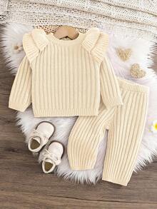 2 件套女婴毛衣套装，荷叶边肩部设计，罗纹针织上衣，搭配棕色喇叭裤，可爱甜美的休闲装，适合秋冬 - 杏色 - 查看 1