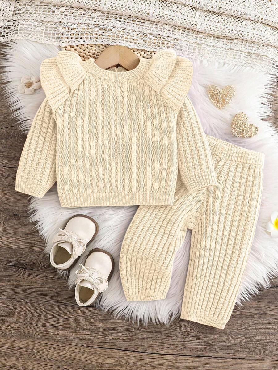 2 件套女婴毛衣套装，荷叶边肩部设计，罗纹针织上衣，搭配棕色喇叭裤，可爱甜美的休闲装，适合秋冬 - 杏色 - 查看 1