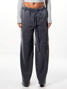 SUMWON WOMEN Oversized Skeleton Applique Wide Leg Joggers With Raw Edge Washed Cotton Blend Drawstring Sweatpants For Casual Fall Winter Loungewear - Dark Grey - View 1