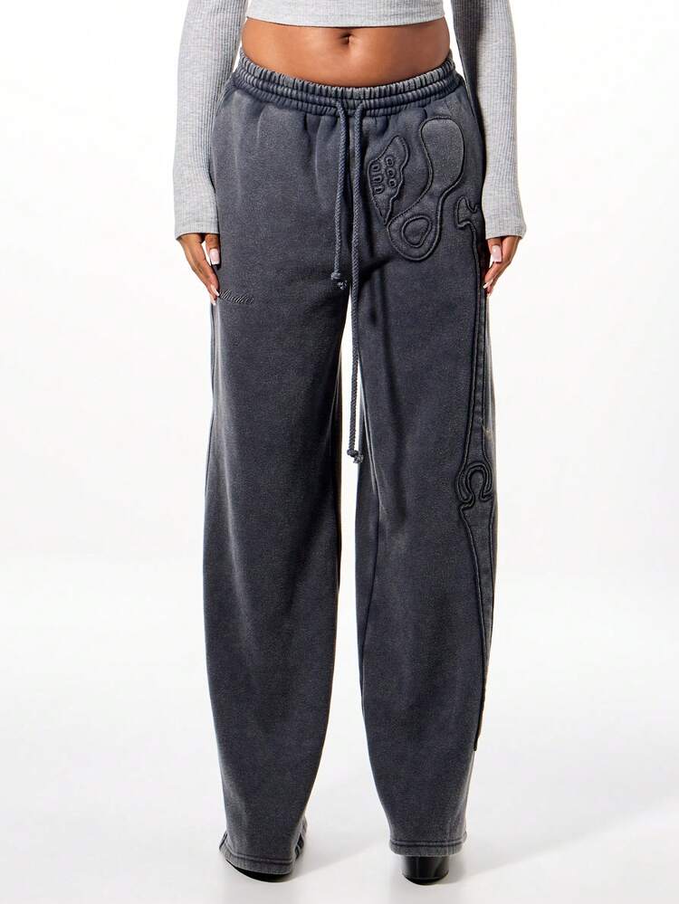 SUMWON WOMEN Skeleton Applique Wide Leg Washed Joggers