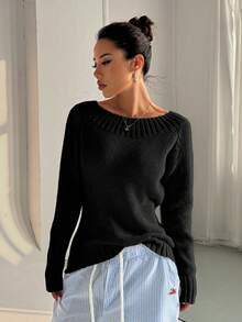 Flirla Petite Áo len tay dài màu trơn cổ tròn lệch vai bất đối xứng dành cho nữ mùa thu/đông - màu đen - Xem 3