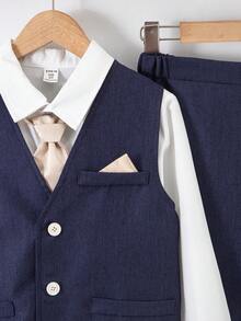 SHEIN 3 件套青少年男孩韩版修身商务正装西装背心、直筒裤和可拆卸领带 3 件套，适合日常穿着、宴会、派对、主持、唱歌表演等场合，适合夏季、春季和秋季 - 藏蓝色 - 查看 4