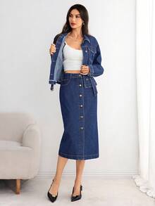 Elenzga Women's Fashionable Commuter Jacket And Denim Skirt Set, Autumn - Blue - View 3