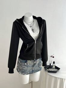 Elamini Women's Casual Versatile Commuter Gothic Style Rivet Decor Zipper Front Hooded Fleece Jacket, Autumn/Winter - Black - View 3